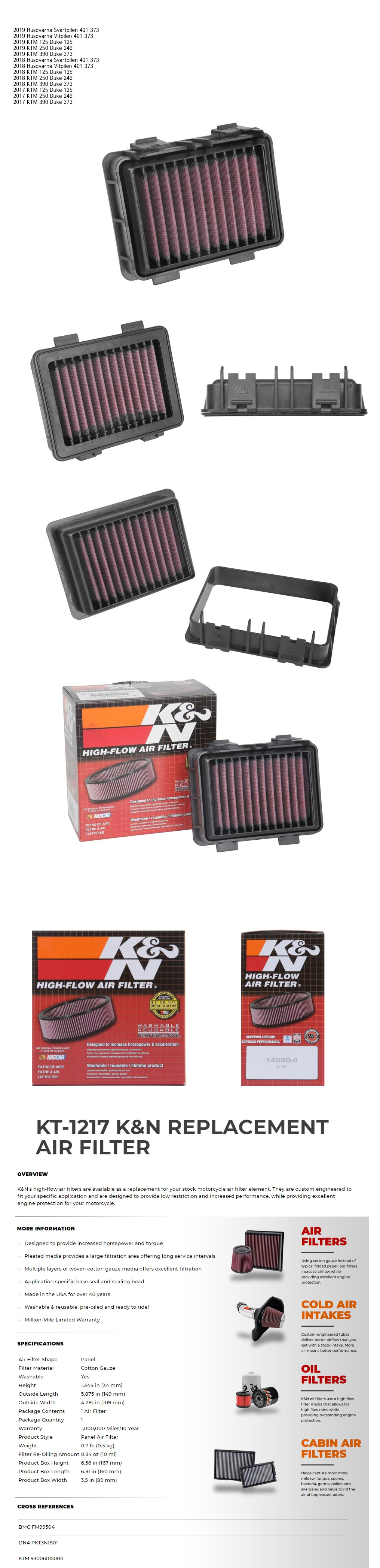 K&N KTM DUKE125/250/390 17이상, 허스크바나 스바르트필렌 401/ 비트필렌401 18이상 에어필터 KT-1217