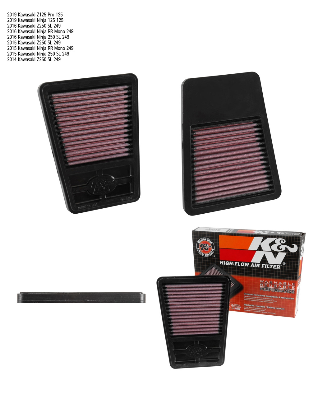 K&N 가와사키 닌자250SL 15-16 / Z250SL 14-16 / Z125 Pro 19이상 에어필터 KA-2414