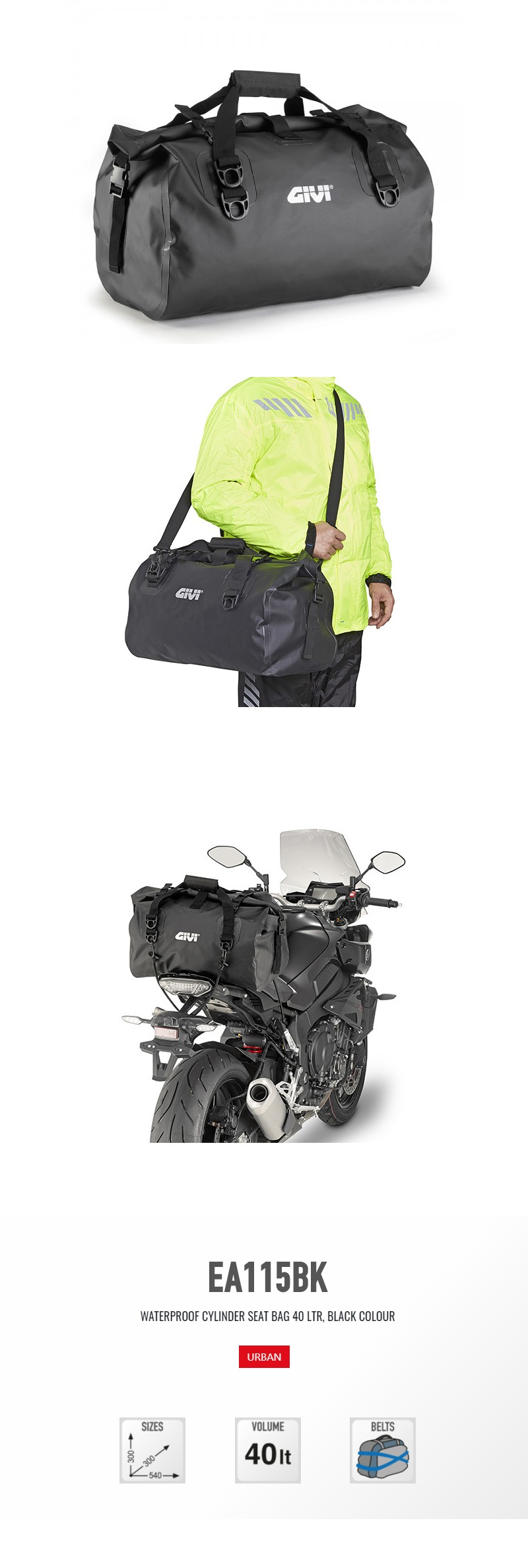 GIVI 100% 방수 실린더 시트백 블랙, 40리터 EA115BK